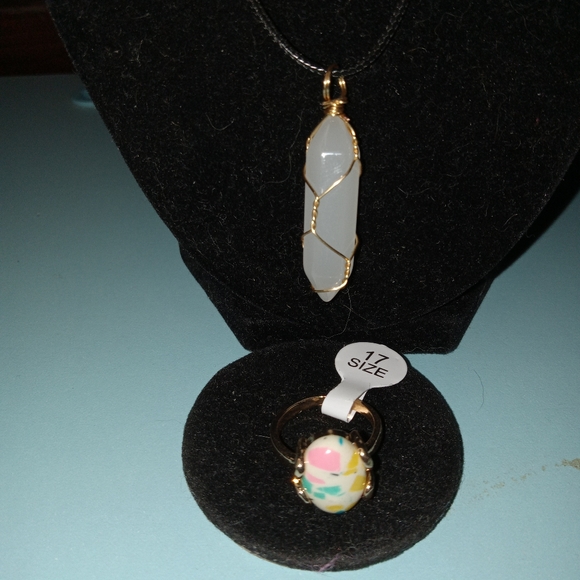 Matching Necklace and Ring Set w/Multi-colored Pendant on Black Cord - Picture 3 of 4